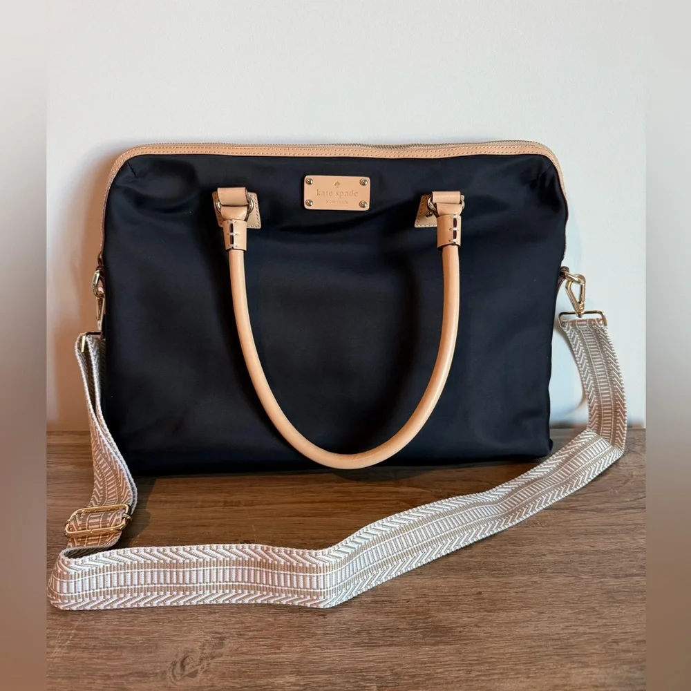 Kate Spade Black Nylon Laptop Bag with Beige Leather Trim